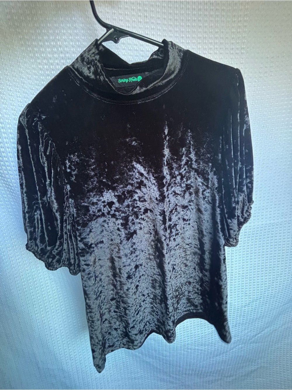 Crushed Velvet Mock Neck Short Sleeve Top - Black
